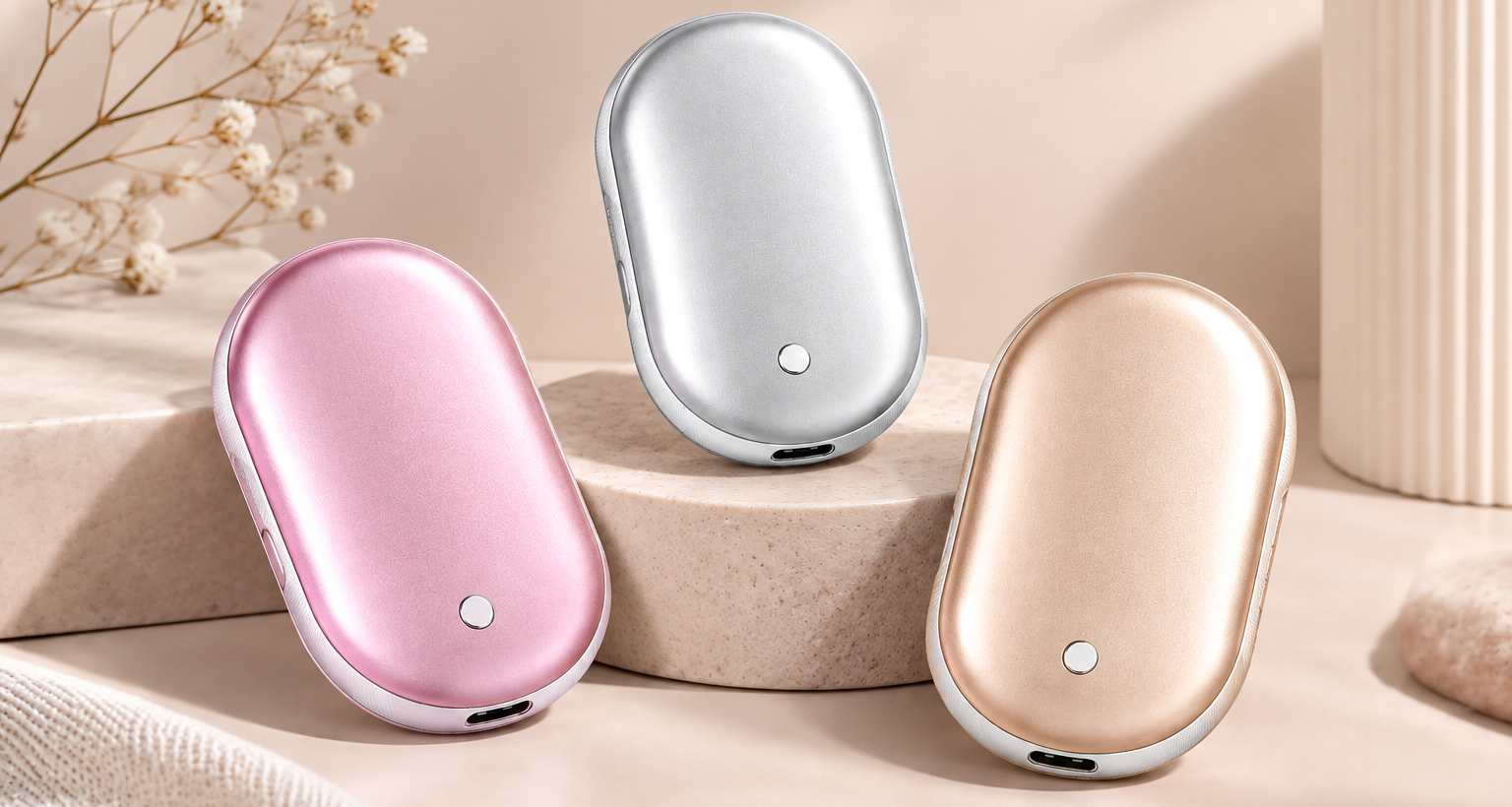 Les trois chauffe-mains Lunavéri : rose, gris et gold, posés sur des socles de pierre claire